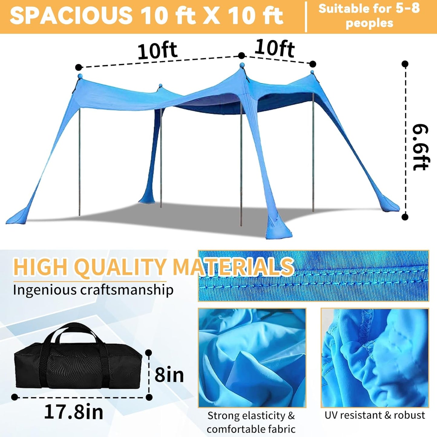 Green ECOTREK beach canopy with four aluminum poles, UPF 50+ large portable sun shelter, measuring 300x300 cm.