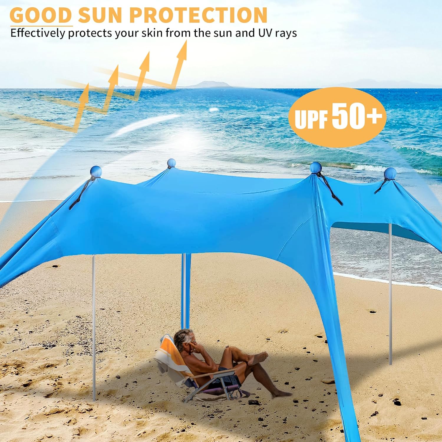 Green ECOTREK beach canopy with four aluminium poles, UPF 50+ sun shelter, 300x300 cm, portable outdoor shade.