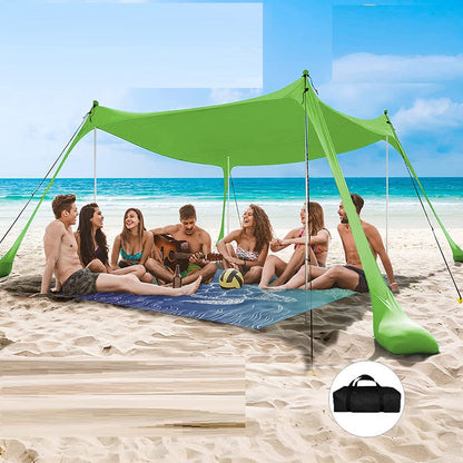 Green ECOTREK beach canopy with four aluminium poles, UPF 50+ sun shelter, large portable 300x300 cm outdoor canopy.