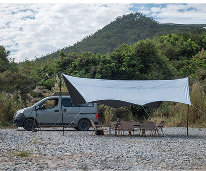 ECOTREK portable camping canopy with black-glue coating, off-white color, ideal for beach and outdoor sun shelter.