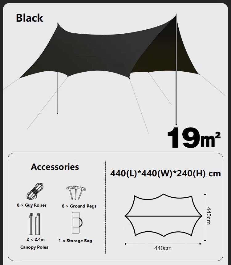 ECOTREK portable camping canop with off-white black-glue coating, ideal for beach and outdoor sun shelter.