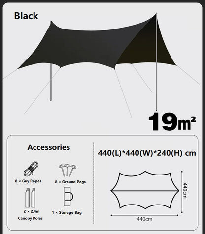 ECOTREK portable camping canop with off-white black-glue coating, ideal for beach and outdoor sun shelter.