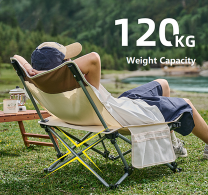 Black ECOTREK portable folding beach chair with enhanced size and comfort, shown folded and ready for outdoor use.