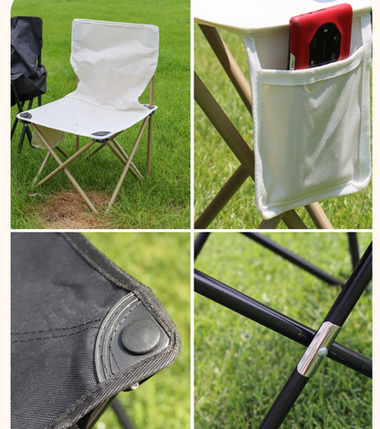 Black ECOTREK ultralight portable folding chair for camping, fishing, and picnics, showing its compact, foldable design.