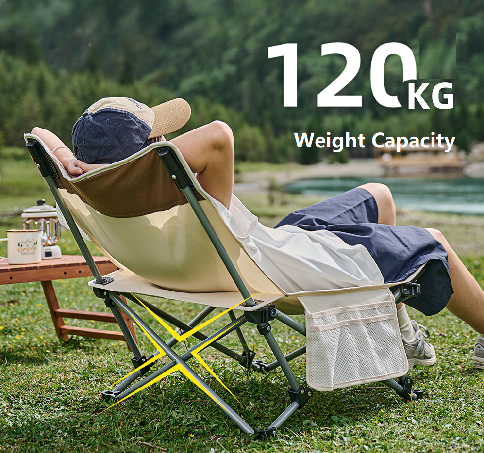 Green ECOTREK outdoor folding chair and lounger with a sturdy frame and comfortable fabric for versatile outdoor seating.
