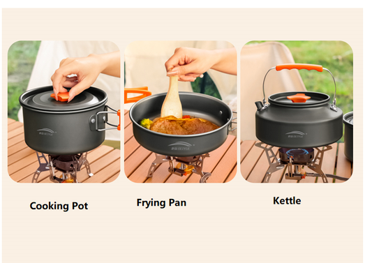 ECOTREK outdoor camping cookware set for 3-4 people, includes pots, pans, and utensils for outdoor cooking adventures.