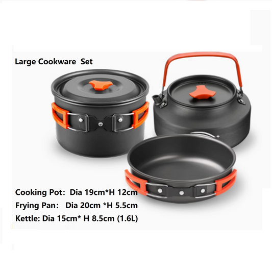 ECOTREK outdoor large cookware set for camping, includes pots and pans ideal for 4-5 people, perfect for outdoor cooking.