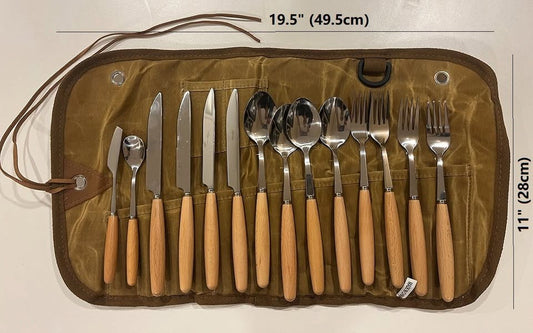 ECOTREK stainless steel flatware cutlery set for outdoor dining, 14-piece cookware set with forks, knives, and spoons on a table.