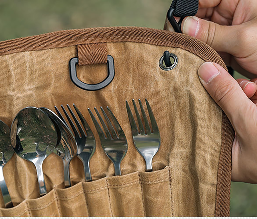 ECOTREK stainless steel flatware cutlery set for outdoor dining, 14-piece cookware set with forks, knives, and spoons.