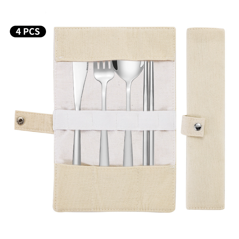 ECOTREK Korean-style stainless steel outdoor cutlery set with storage box, includes spoons, forks, and knives for camping or picnics.