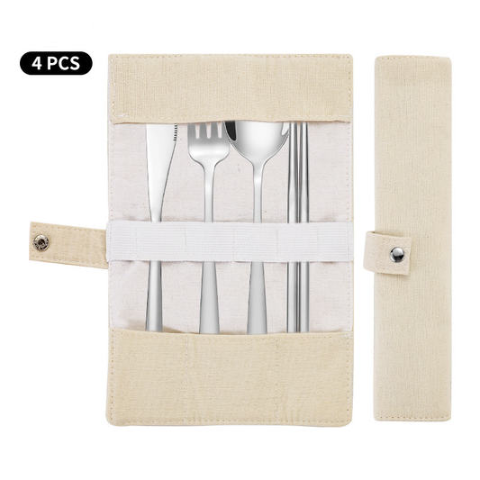 ECOTREK Korean-style stainless steel outdoor cutlery set with storage box, includes spoons, forks, and knives for camping or picnics.