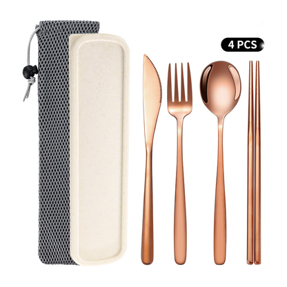 ECOTREK Korean style stainless steel outdoor cutlery set with storage box, including spoons, forks, and knives for camping or picnics.