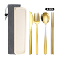 ECOTREK Korean style stainless steel outdoor cutlery set with storage box, including forks, knives, and spoons in a compact design.