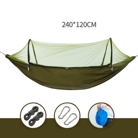 ECOTREK portable mosquito hammock with quick-open design and built-in net for outdoor relaxation and insect protection.