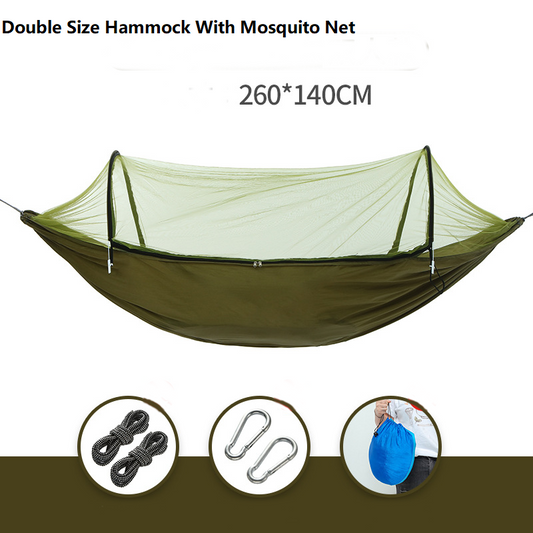 ECOTREK portable double hammock with mosquito net, quick-open design, ideal for outdoor relaxation and insect protection.