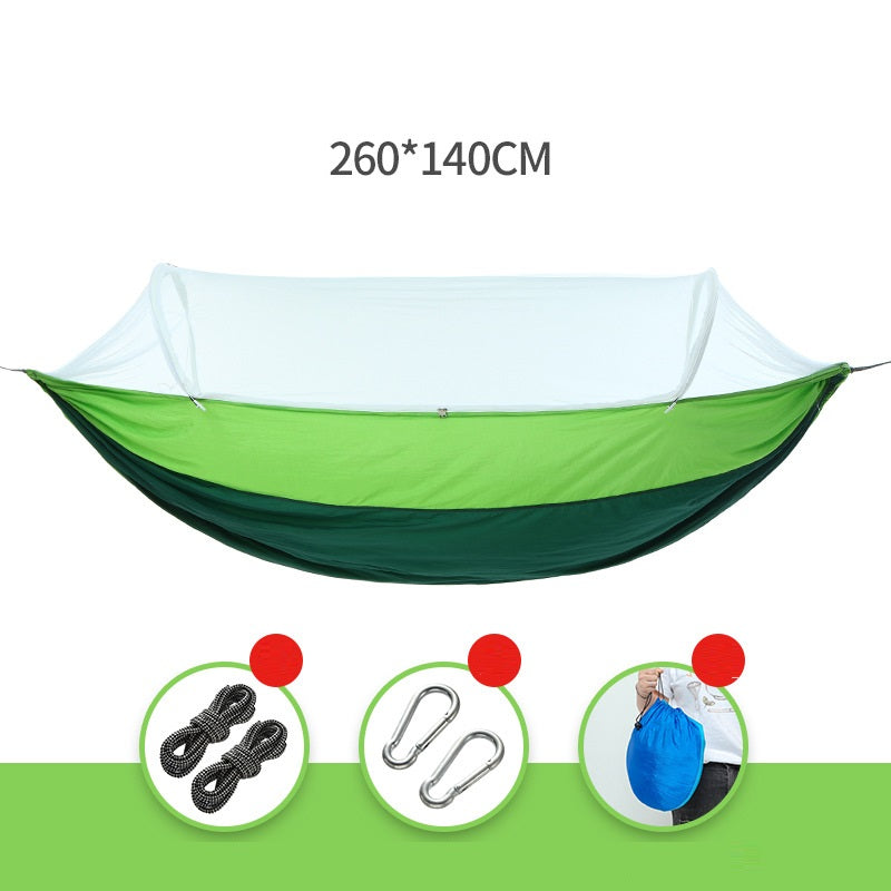 Light green ECOTREK portable mosquito hammock with quick-open design and built-in net for outdoor relaxation and insect protection.