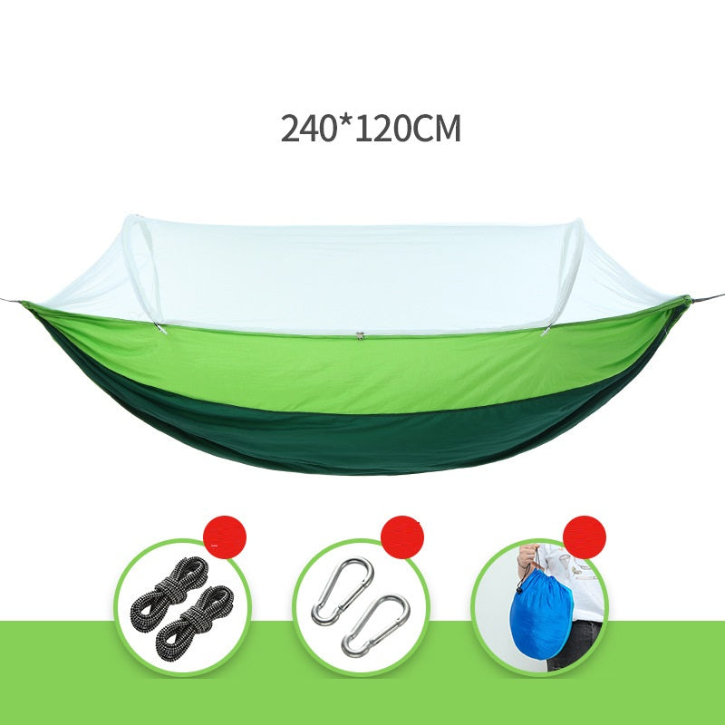 Light green ECOTREK portable mosquito hammock with quick-open design and built-in net for outdoor relaxation.