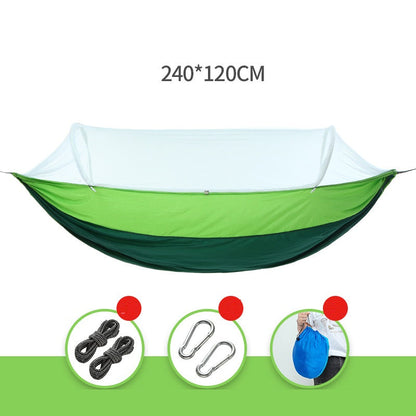 Light green ECOTREK portable mosquito hammock with quick-open design and built-in net for outdoor relaxation.