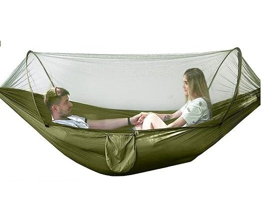 Light green ECOTREK portable mosquito hammock with net, quick-open design, perfect for outdoor camping and relaxation.