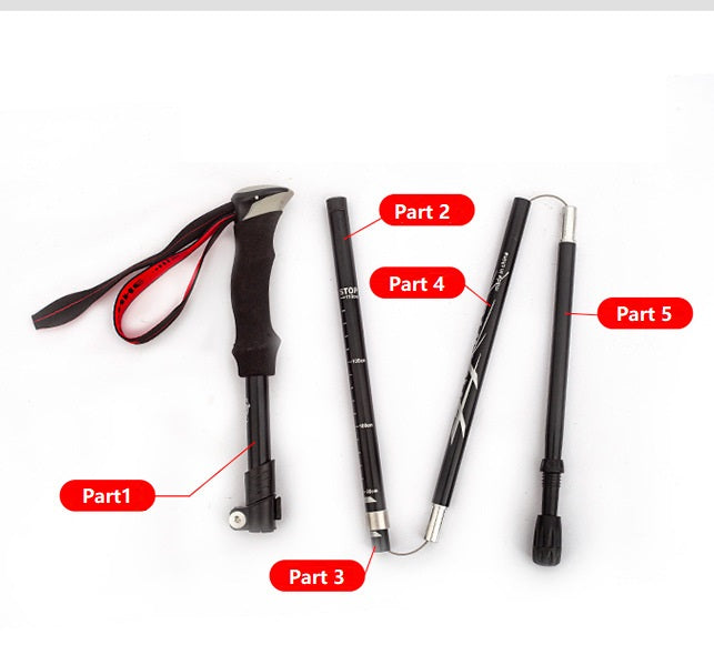 Black ECOTREK aluminum alloy folding hiking pole, lightweight and ultralight trekking pole for outdoor hiking adventures.