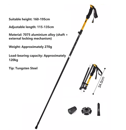 Black ECOTREK foldable hiking pole made of 7075 aluminum, adjustable from 110 to 135 cm, suitable for trekking and outdoor hiking.