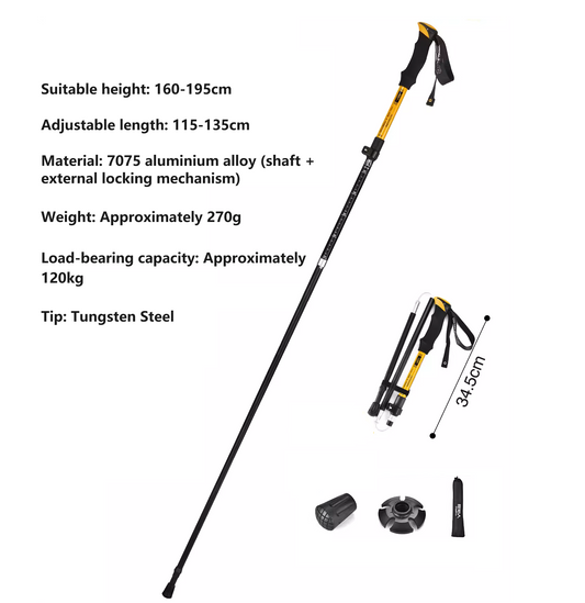 Black ECOTREK foldable hiking pole made of 7075 aluminum, adjustable from 110 to 135 cm, suitable for trekking and outdoor hiking.