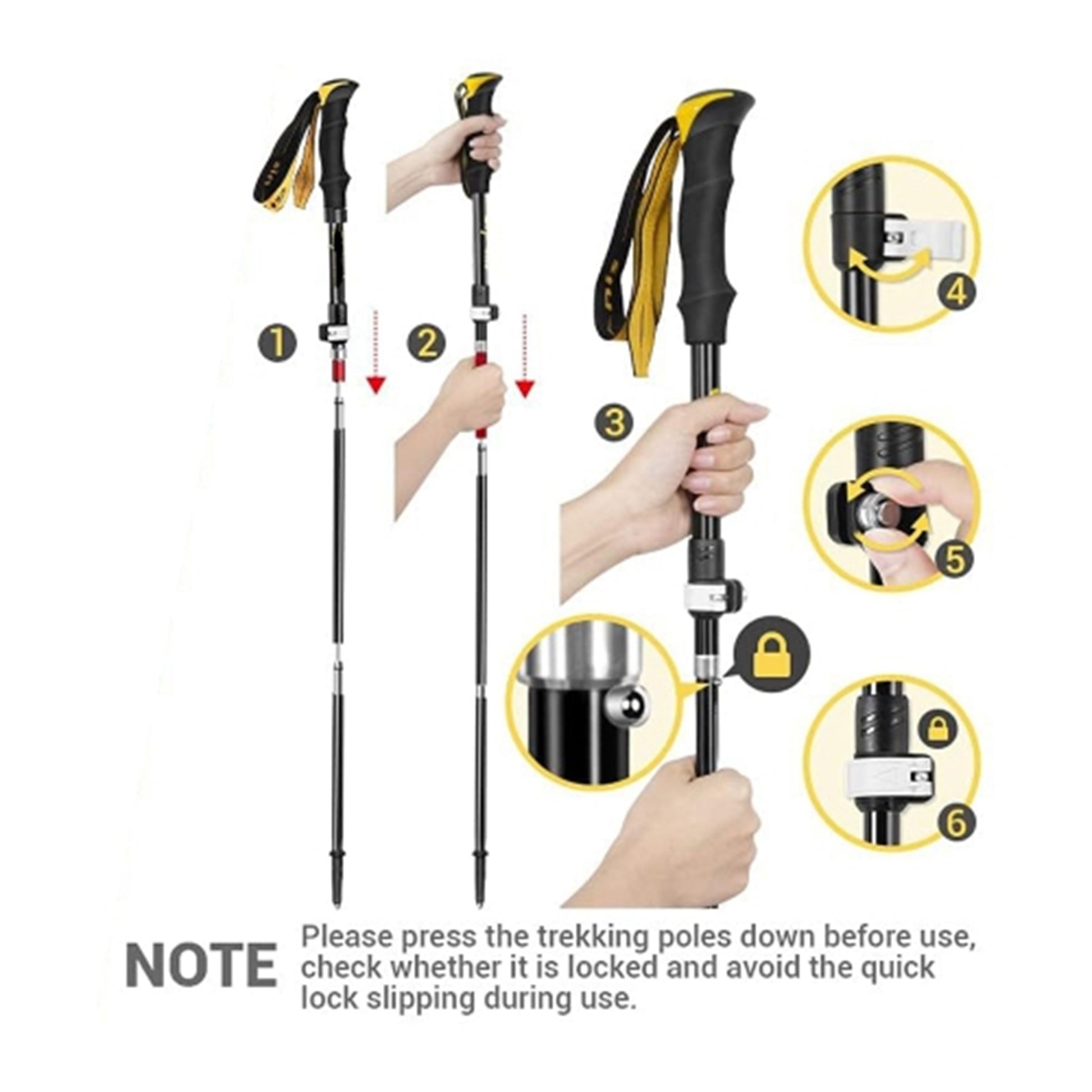Black ECOTREK foldable hiking pole, 110-135 cm, made of durable 7075 aluminium, suitable for trekking and outdoor hiking.