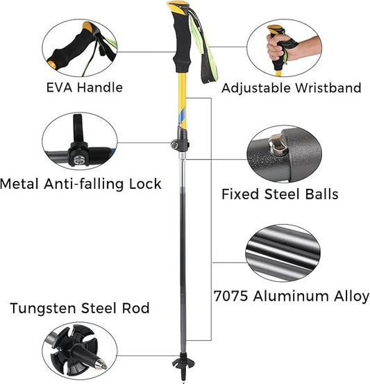 ECOTREK 7075 aluminium trekking pole with quick lock system, silver hiking pole for outdoor trekking and hiking activities.