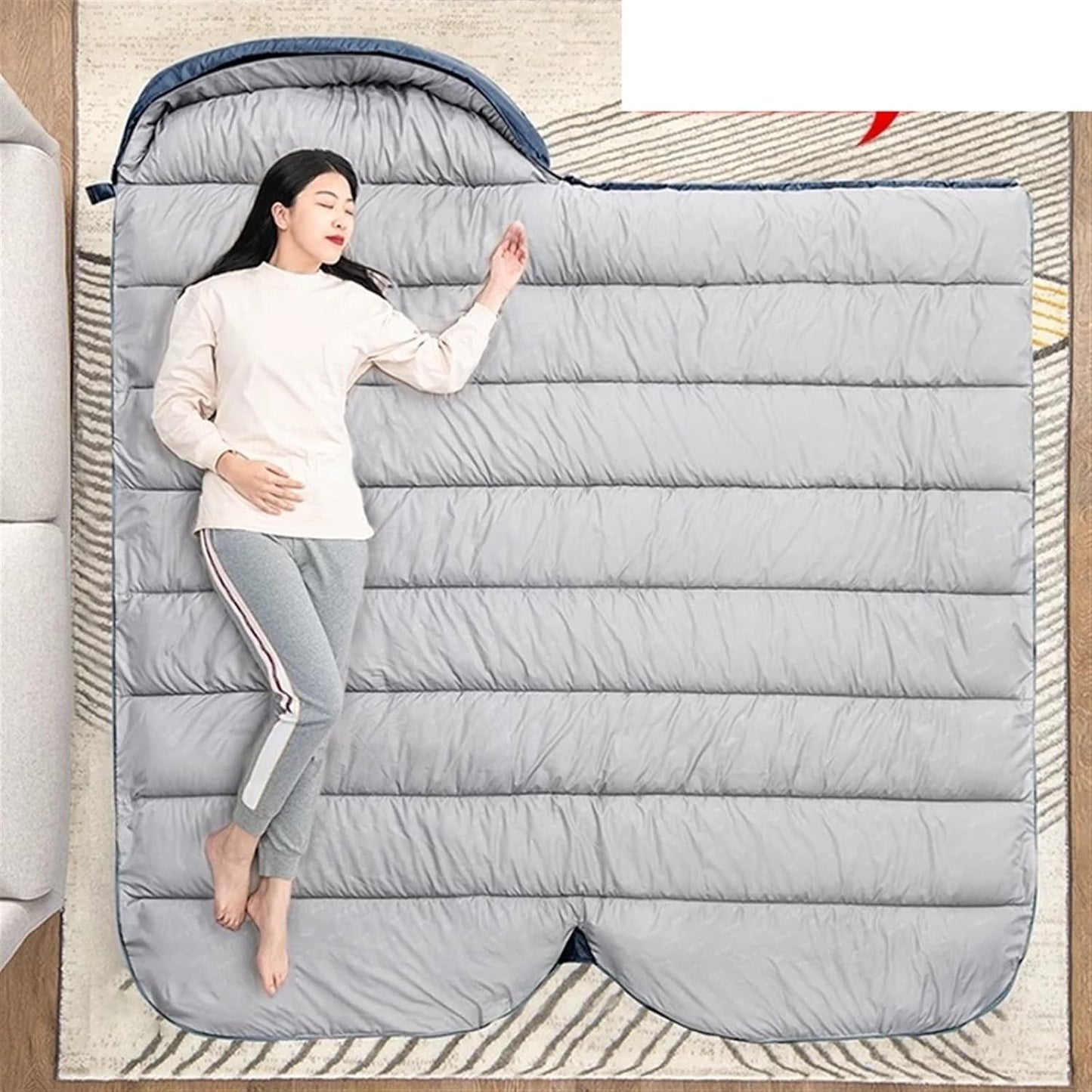 ECOTREK large rectangular sleeping bag, 230x100cm, ideal for camping, hiking, and outdoor picnics, shown folded open.