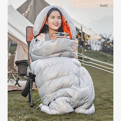 ECOTREK goose down envelope sleeping bag, compact and lightweight, silver color, ideal for camping and outdoor adventures.