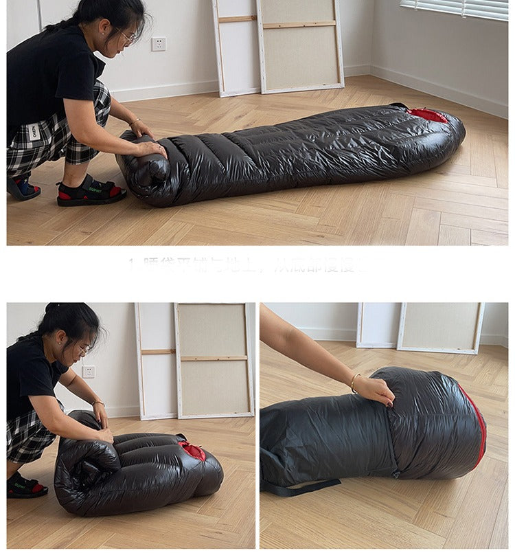 ECOTREK goose down envelope sleeping bag in silver, compact and lightweight for camping and outdoor adventures.