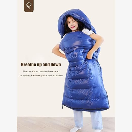 ECOTREK goose down envelope sleeping bag in silver, compact and lightweight for camping and outdoor adventures.