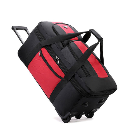 Black ECOTREK expandable rolling checked-in duffle bag with wheels, large storage capacity for travel and luggage.