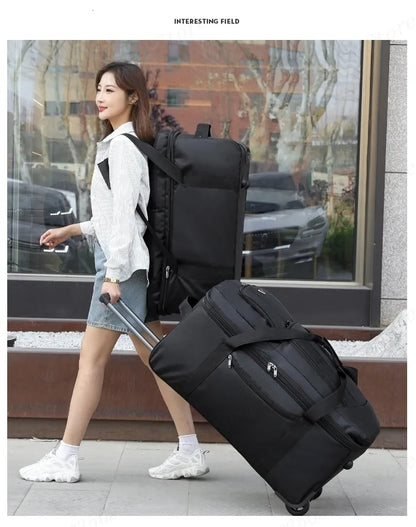 Black ECOTREK expandable rolling checked-in duffle bag with wheels, featuring a durable storage bag design for travel.