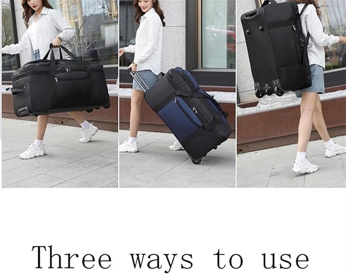 Black ECOTREK expandable rolling checked-in duffle bag with wheels, storage bag for travel and luggage.