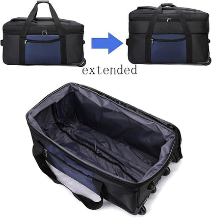 Black ECOTREK expandable rolling checked-in duffle bag with wheels, designed for versatile travel storage and easy transport.