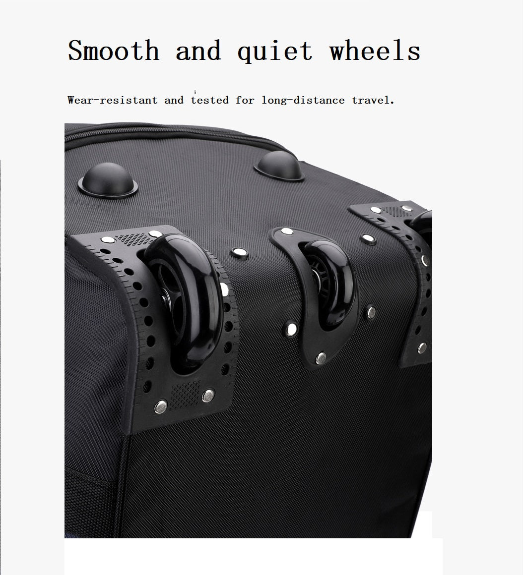 Black ECOTREK expandable rolling checked-in duffle bag with wheels for easy travel and secure storage.