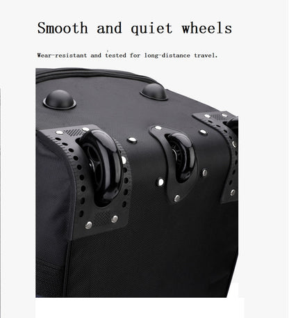 Black ECOTREK expandable rolling checked-in duffle bag with wheels for easy travel and secure storage.