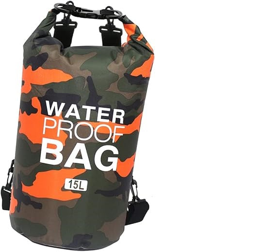 Blue ECOTREK waterproof dry bag in 15L, 20L, or 30L size with shoulder strap, designed for secure outdoor storage.