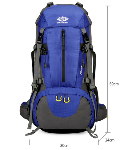 Orange ECOTREK 50L waterproof hiking backpack with multiple compartments, ideal for outdoor camping and climbing adventures.