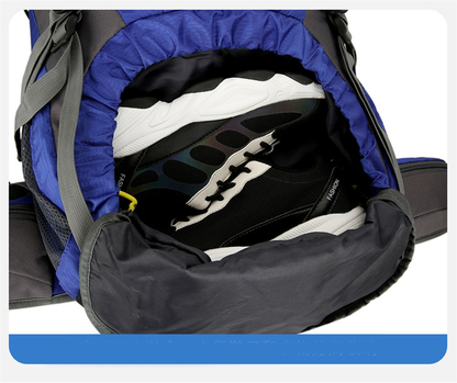 Orange ECOTREK 50L waterproof hiking backpack with multiple compartments, ideal for camping, climbing, and outdoor adventures.