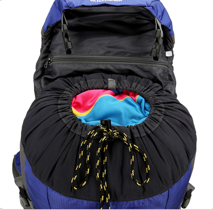 Orange ECOTREK 50L waterproof hiking backpack with multiple compartments for outdoor camping and climbing adventures.