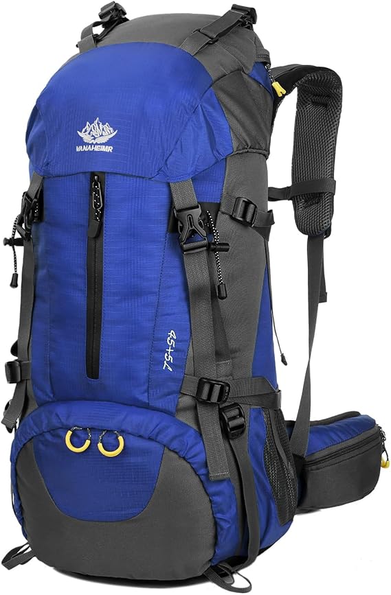 Orange ECOTREK 50L waterproof hiking backpack with multiple compartments, ideal for outdoor camping and climbing adventures.