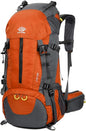 Orange ECOTREK 50L waterproof hiking backpack with multiple compartments, ideal for outdoor camping and climbing adventures.