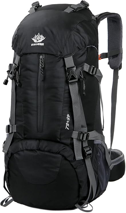 Orange ECOTREK 50L waterproof hiking backpack with multiple compartments, ideal for outdoor camping and climbing adventures.