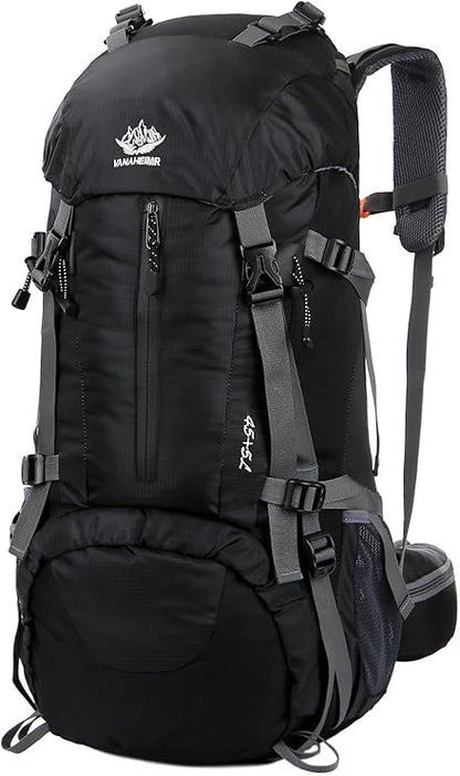 Orange ECOTREK 50L waterproof hiking backpack with multiple compartments, ideal for outdoor camping and climbing adventures.