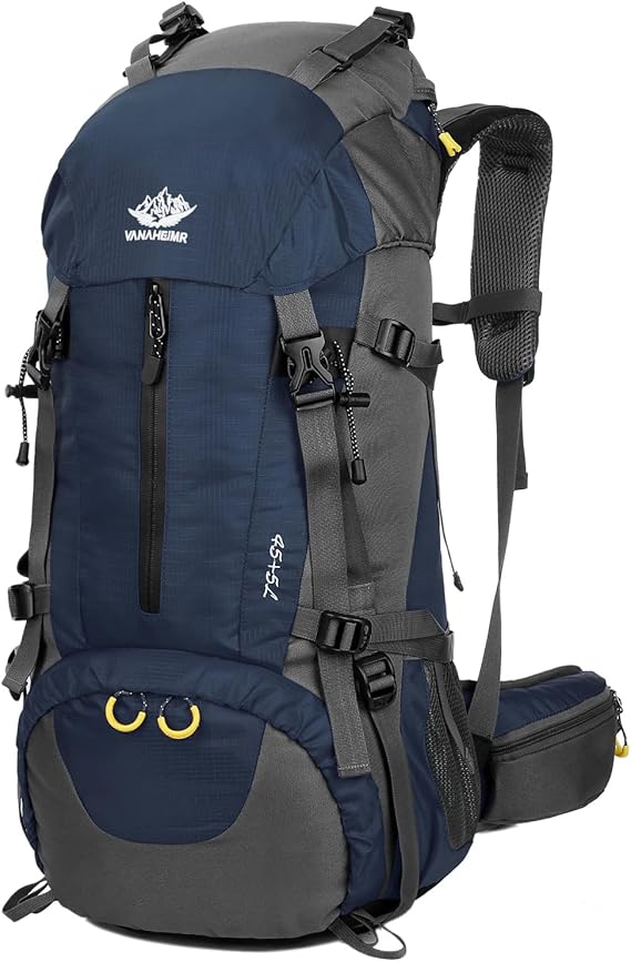 Orange 50L waterproof ECOTREK hiking backpack with multiple compartments, designed for outdoor camping and climbing adventures.