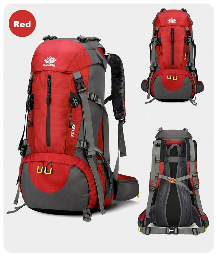 Orange ECOTREK 50L waterproof hiking backpack with multiple compartments, ideal for outdoor camping and climbing adventures.