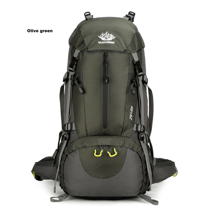 Orange 50L ECOTREK waterproof hiking backpack with multiple compartments, ideal for camping, outdoor adventures, and climbing.