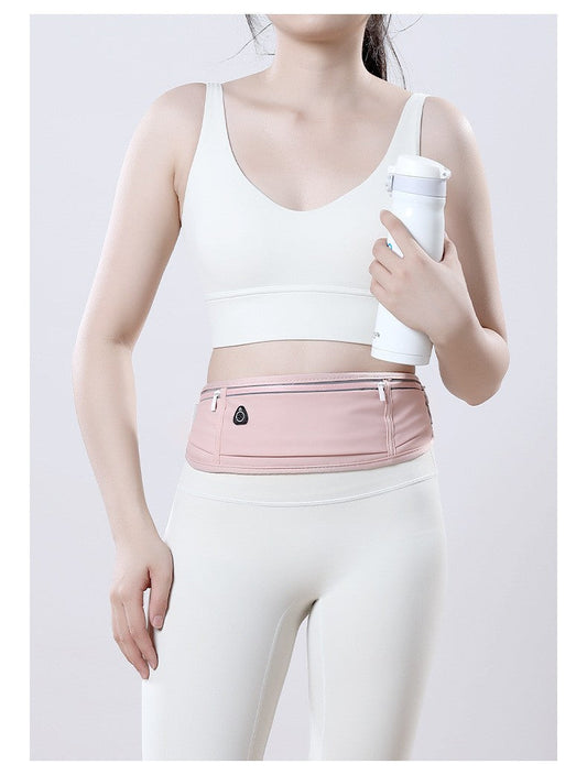 ECOTREK pink waterproof running belt with adjustable elastic strap, sweatproof storage bag for exercise and outdoor activities.